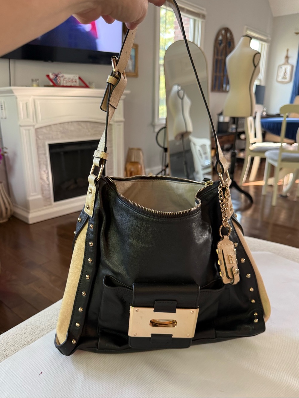 OH by Joy Gryson Black Leather Tote with Gold Plate Accent